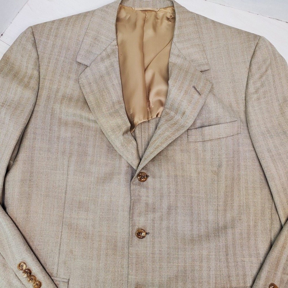 Oxxford Clothes Hunt Club Herringbone Mens 44R Tan Blazer Made in USA Old Money